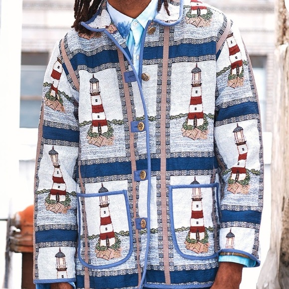 NWOT Blair Lighthouse Tapestry Chore Coat XL Sailboat Jacket Pockets Shacket Vtg - Picture 1 of 9